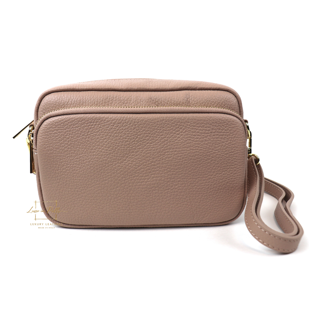 Double Zip Genuine Italian Leather Handbag - Lussoinpelle Dusty pink Crossbody bags