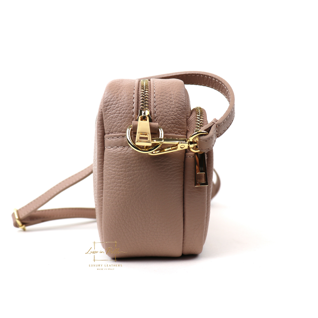 Double Zip Genuine Italian Leather Handbag - Lussoinpelle Dusty pink Crossbody bags