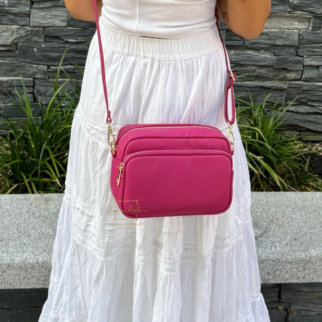 Double Zip Genuine Italian Leather Handbag - Lussoinpelle Fuchsia Crossbody bags