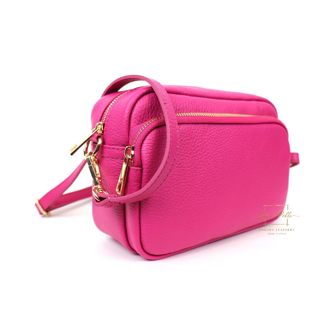 Double Zip Genuine Italian Leather Handbag - Lussoinpelle Fuchsia Crossbody bags