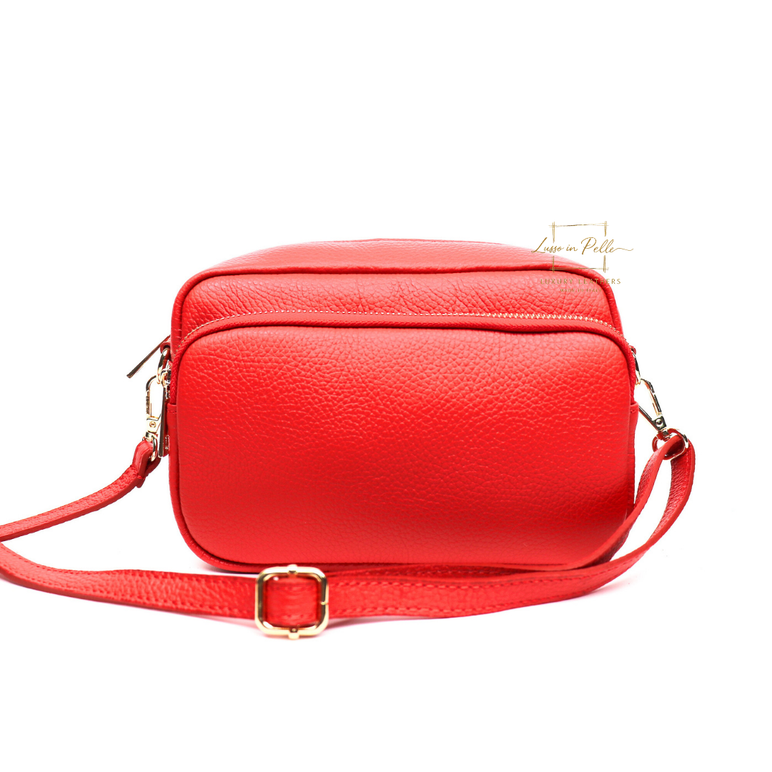 Double Zip Genuine Italian Leather Handbag - Lussoinpelle Red Crossbody bags