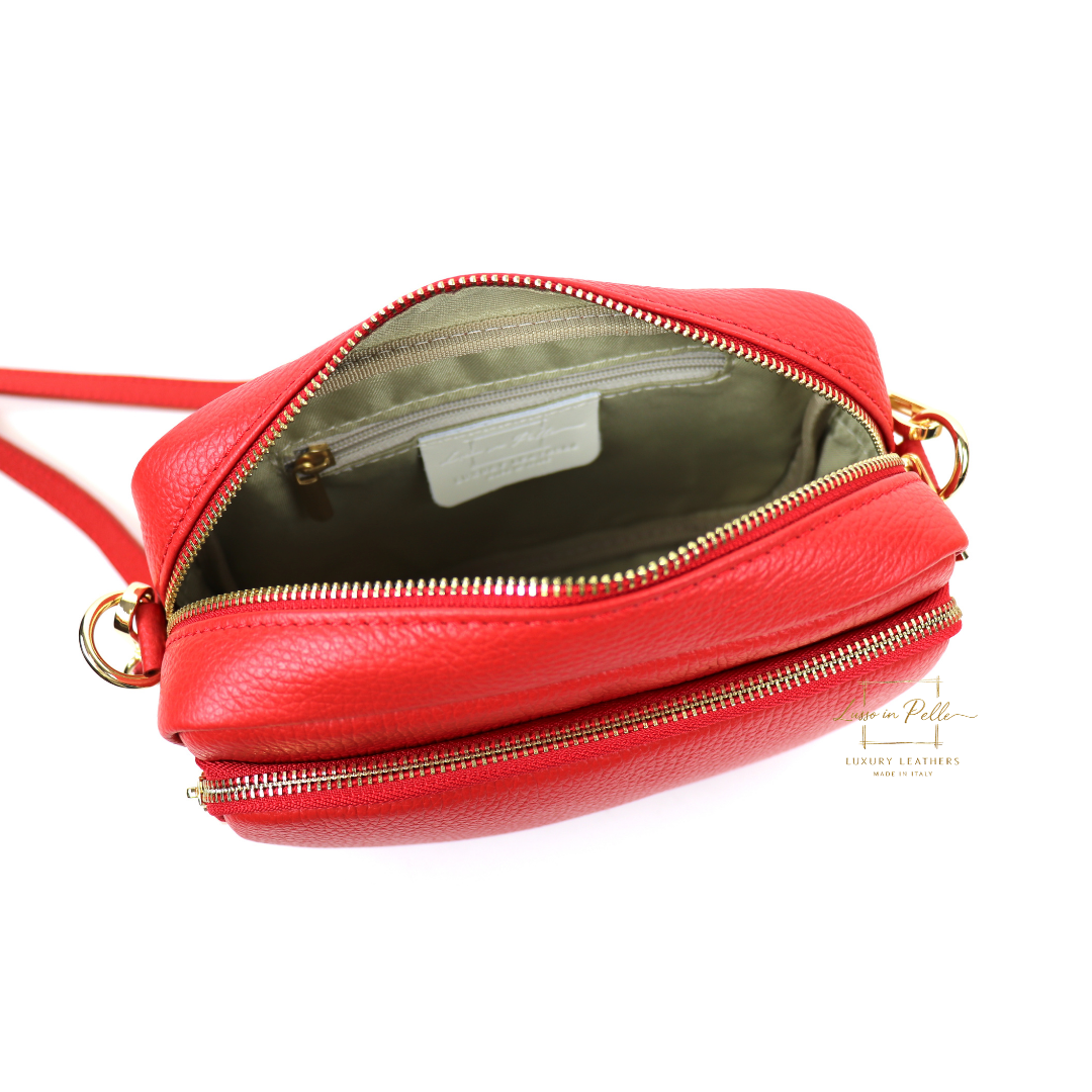 Double Zip Genuine Italian Leather Handbag - Lussoinpelle Red Crossbody bags