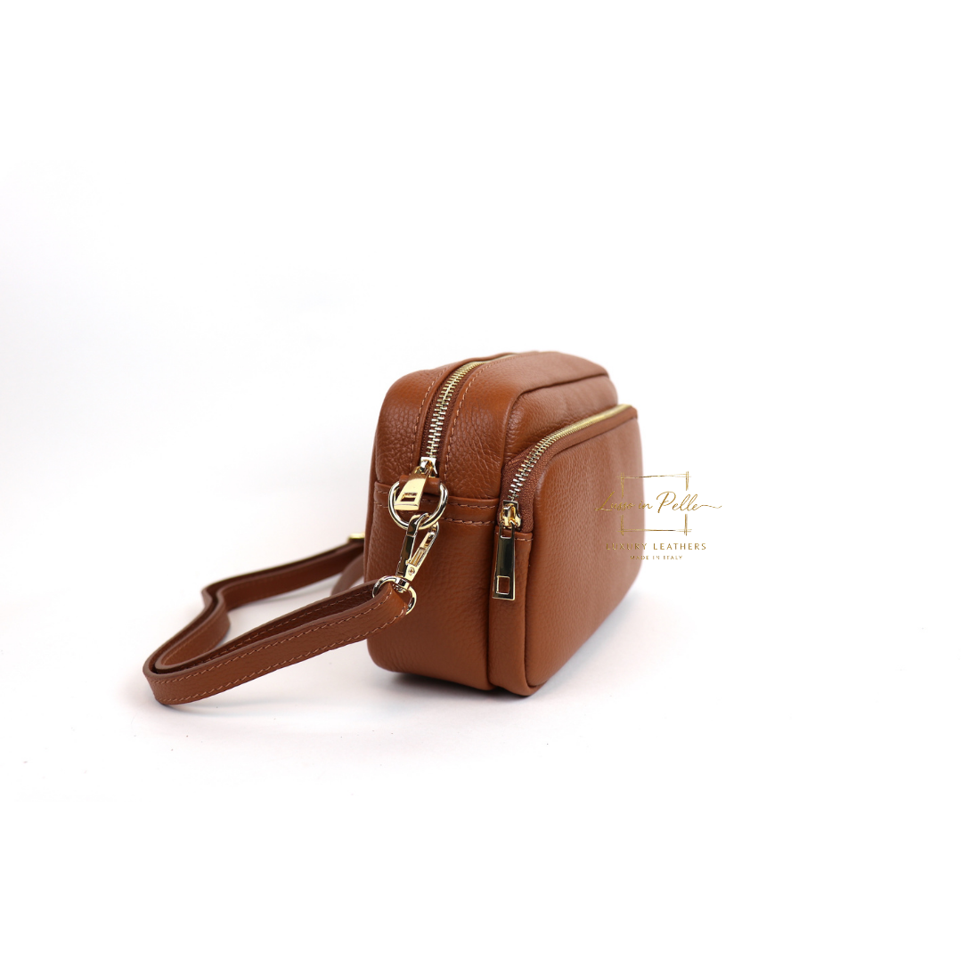 Double Zip Genuine Italian Leather Handbag - Lussoinpelle Tan Crossbody bags