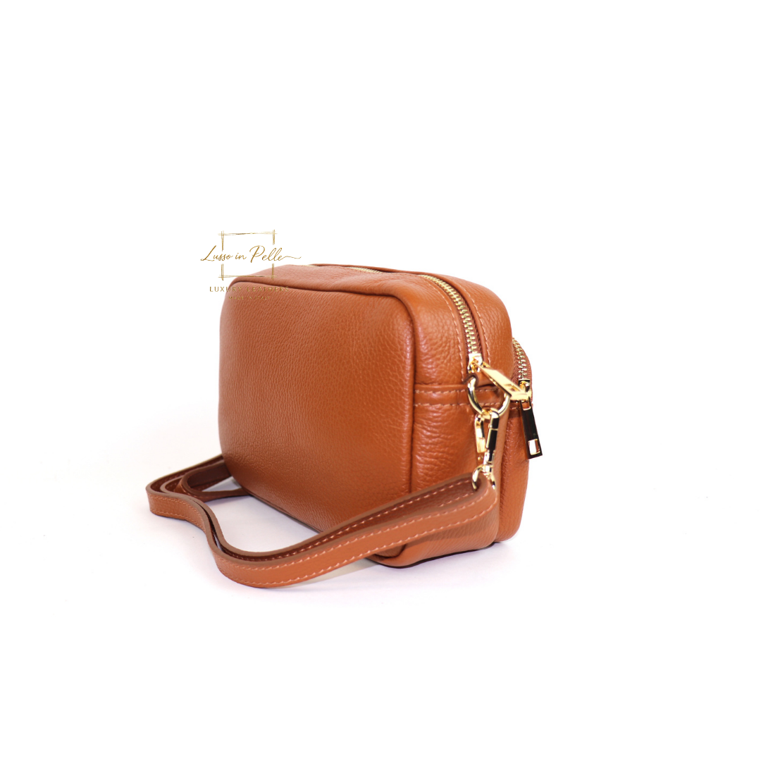 Double Zip Genuine Italian Leather Handbag - Lussoinpelle Tan Crossbody bags