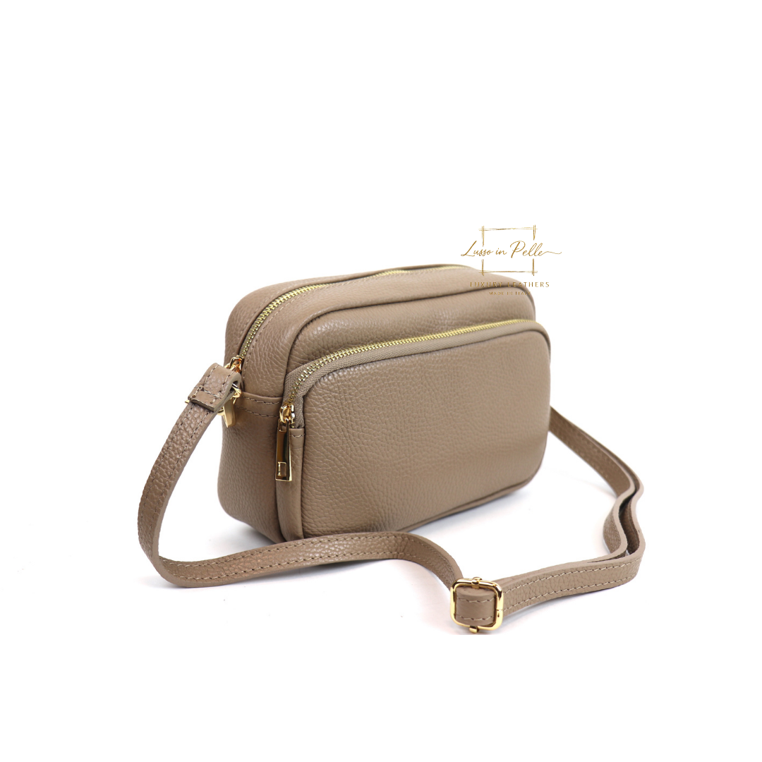Double Zip Genuine Italian Leather Handbag - Lussoinpelle Taupe  Crossbody bags