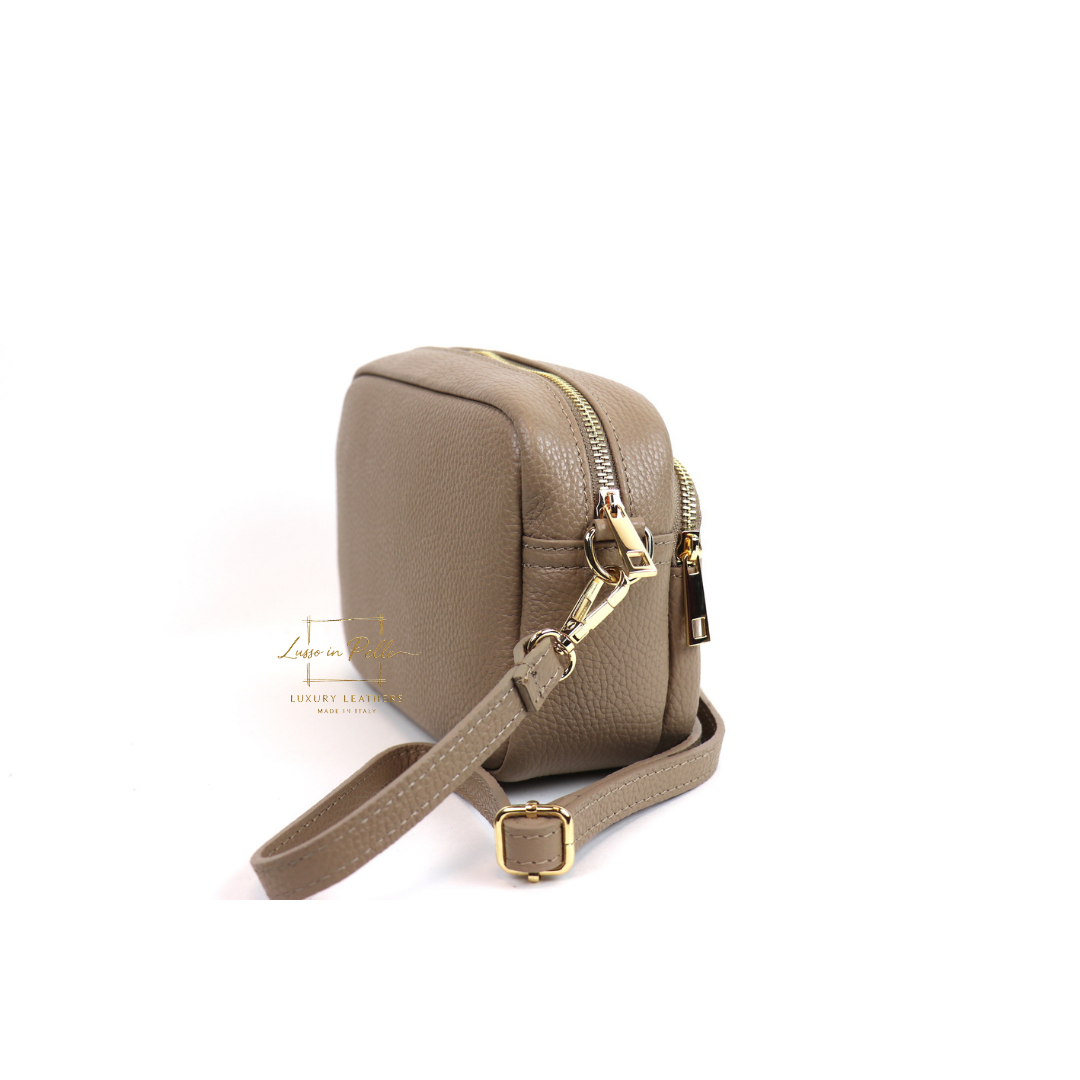 Double Zip Genuine Italian Leather Handbag - Lussoinpelle Taupe  Crossbody bags