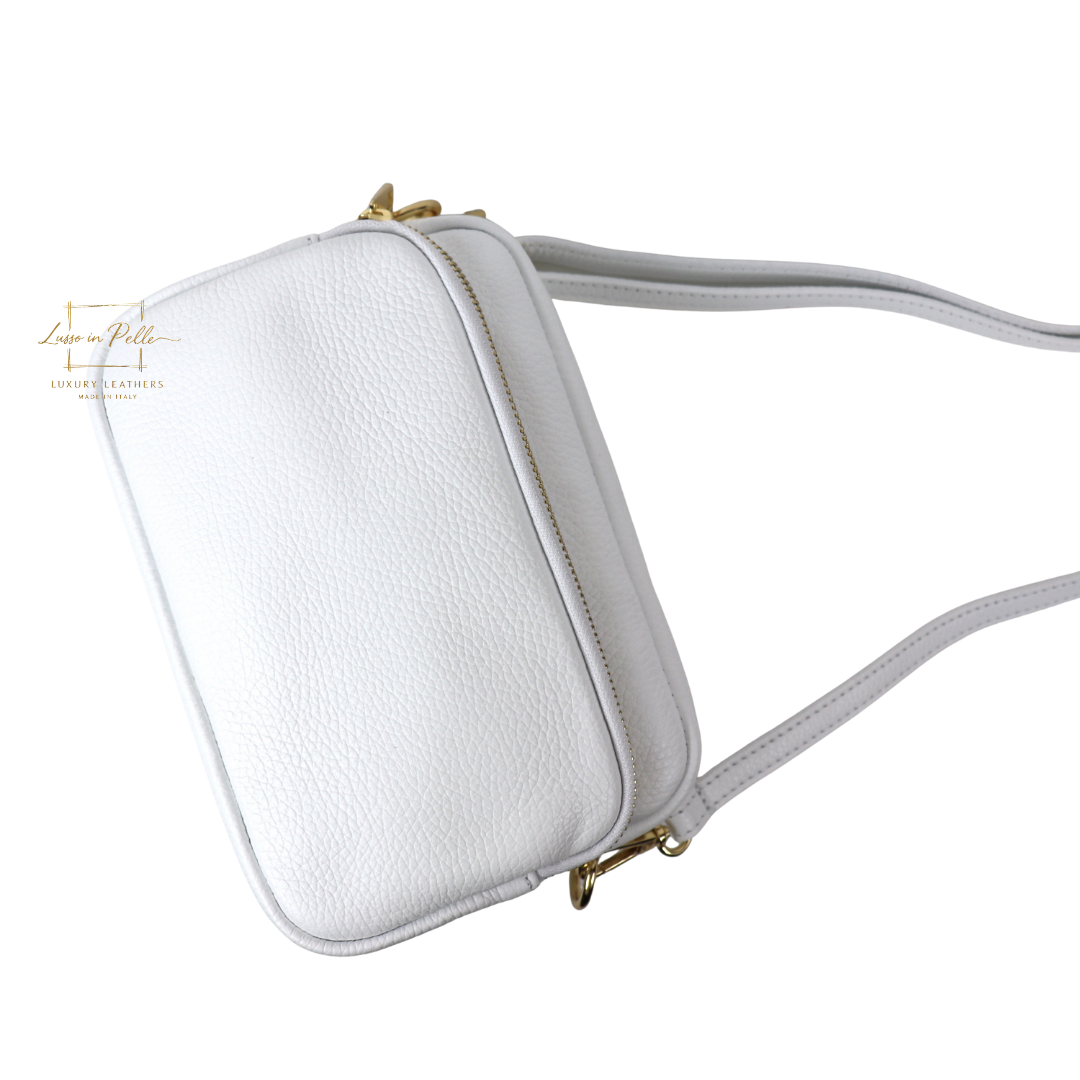 Double Zip Genuine Italian Leather Handbag - Lussoinpelle White Crossbody bags