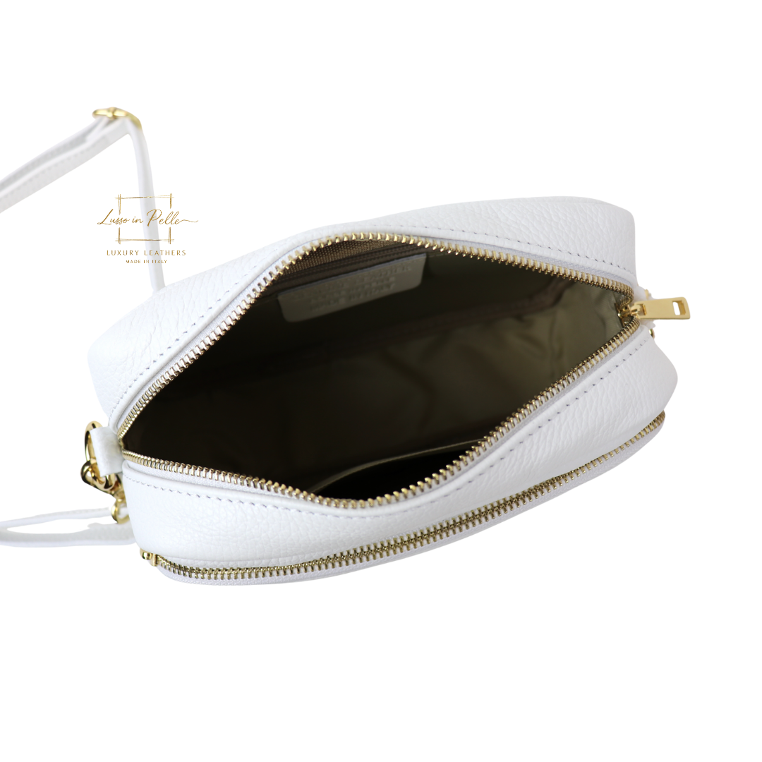 Double Zip Genuine Italian Leather Handbag - Lussoinpelle White Crossbody bags
