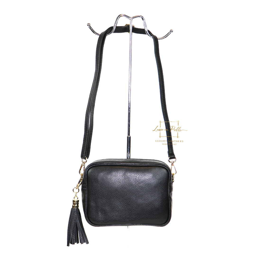 Sierra Genuine Italian Pebbled Leather Box Handbag - Lussoinpelle Black Crossbody bags