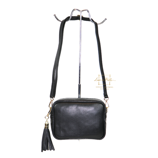 Sierra Genuine Italian Pebbled Leather Box Handbag - Lussoinpelle Black Crossbody bags