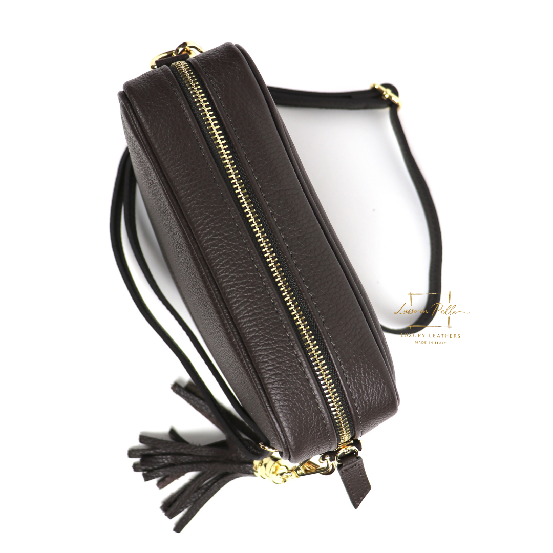 Sierra Genuine Italian Pebbled Leather Box Handbag - Lussoinpelle chocolate Crossbody bags