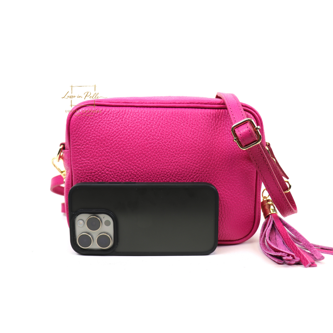Sierra Genuine Italian Pebbled Leather Box Handbag - Lussoinpelle fuchsia Crossbody bags