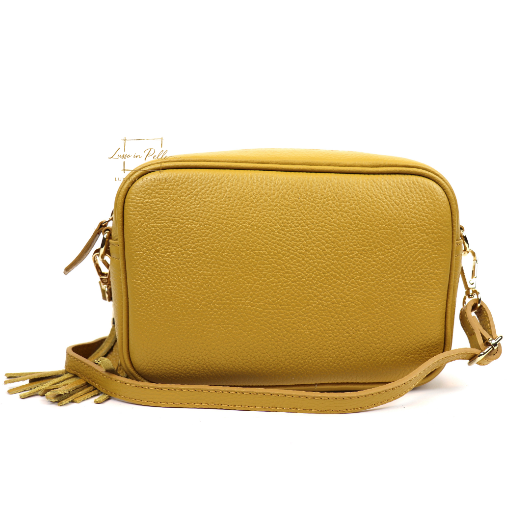Sierra Genuine Italian Pebbled Leather Box Handbag - Lussoinpelle mustard Crossbody bags