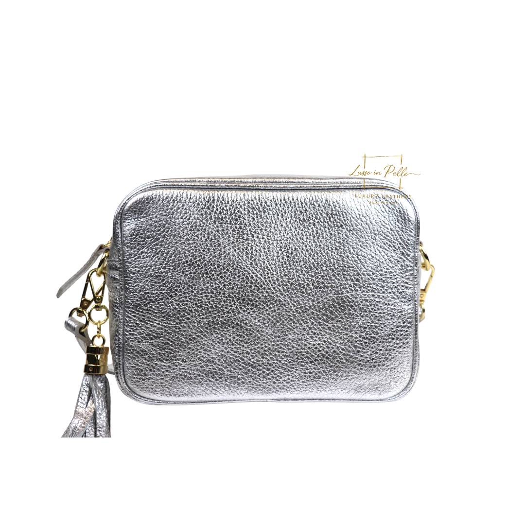 Sierra Genuine Italian Pebbled Leather Box Handbag - Lussoinpelle silver Crossbody bags
