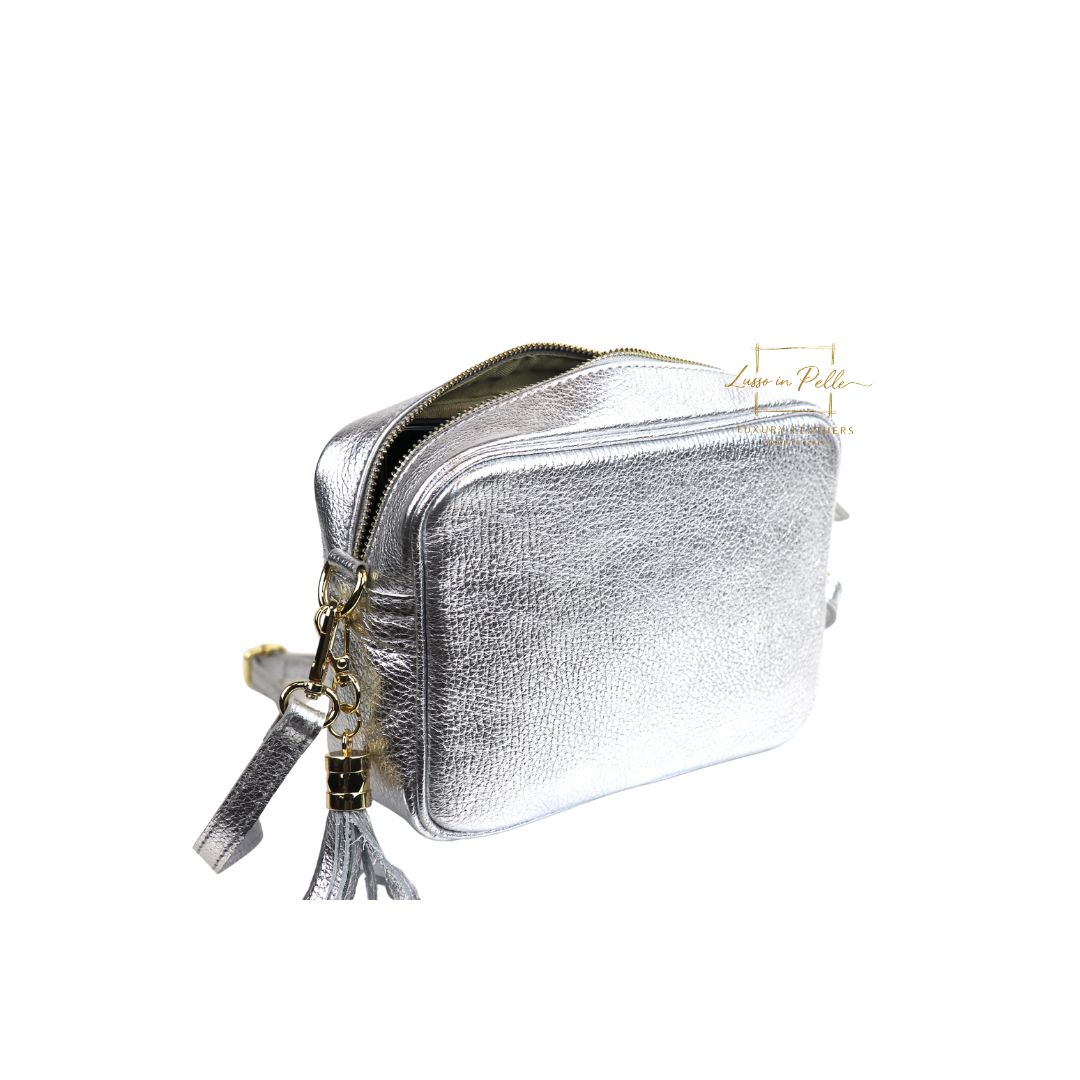 Sierra Genuine Italian Pebbled Leather Box Handbag - Lussoinpelle silver Crossbody bags
