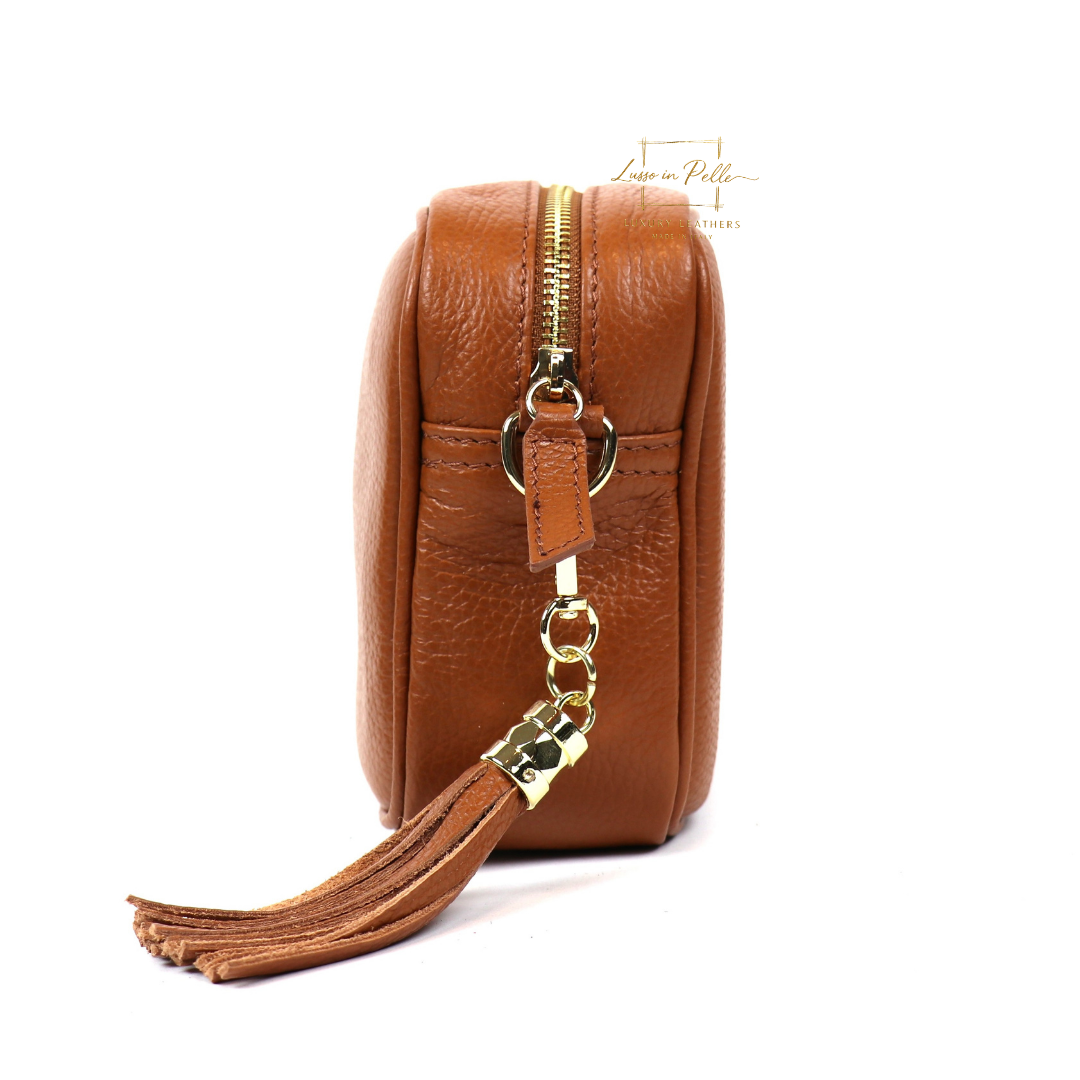 Sierra Genuine Italian Pebbled Leather Box Handbag - Lussoinpelle tan Crossbody bags