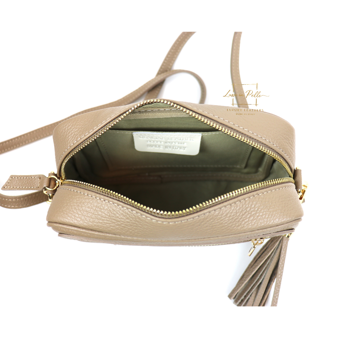Sierra Genuine Italian Pebbled Leather Box Handbag - Lussoinpelle taupe Crossbody bags