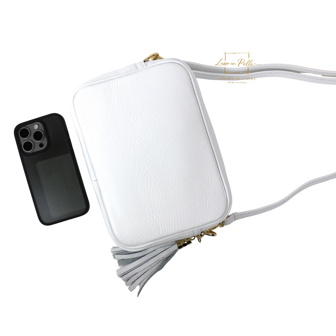 Sierra Genuine Italian Pebbled Leather Box Handbag - Lussoinpelle white Crossbody bags