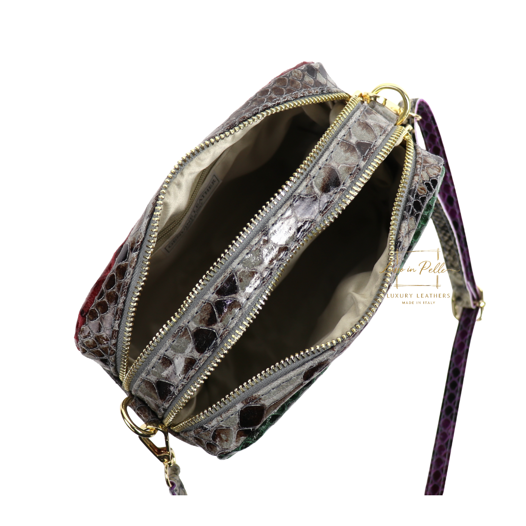Snake Print Multi-Colour Crossbody Bag – Genuine Italian Leather - Lussoinpelle Taupe-red-green Crossbody bags