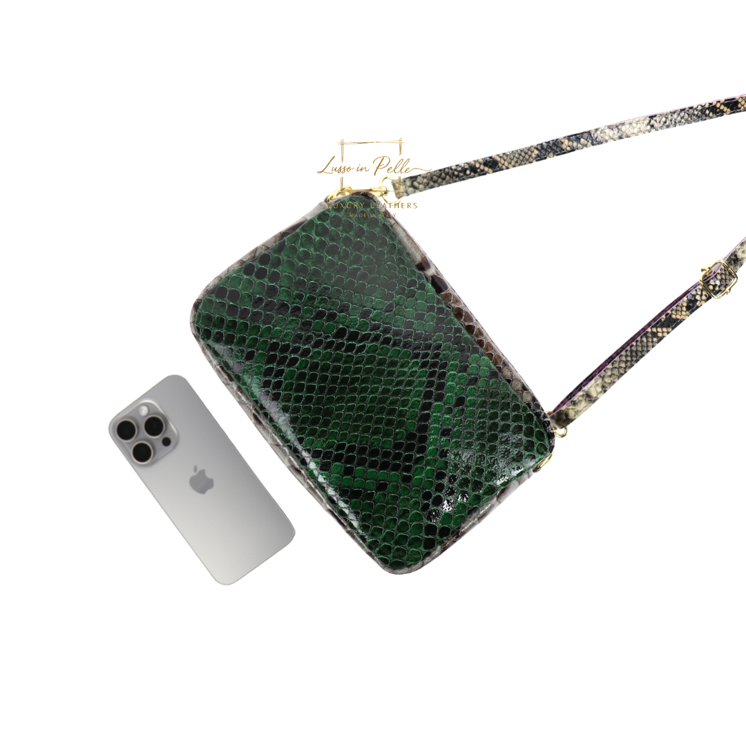 Snake Print Multi-Colour Crossbody Bag – Genuine Italian Leather - Lussoinpelle Taupe-red-green Crossbody bags