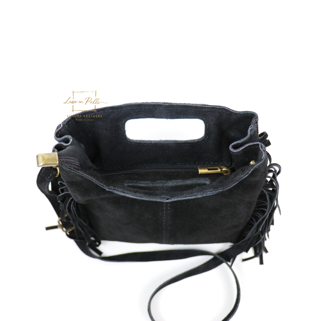 Suede Boho Tassel Crossbody Bag with Adjustable Detachable Straps - Lussoinpelle Black Crossbody bags