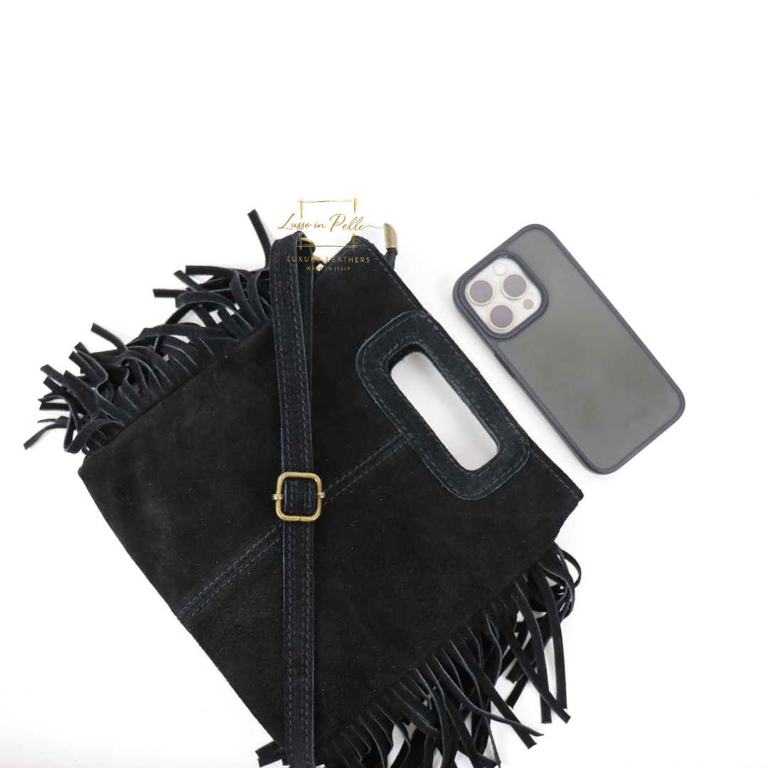 Suede Boho Tassel Crossbody Bag with Adjustable Detachable Straps - Lussoinpelle Black Crossbody bags
