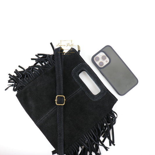 Suede Boho Tassel Crossbody Bag with Adjustable Detachable Straps - Lussoinpelle Black Crossbody bags