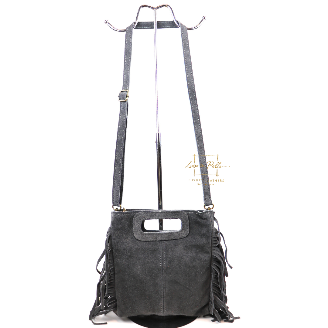 Suede Boho Tassel Crossbody Bag with Adjustable Detachable Straps - Lussoinpelle dark gray Crossbody bags