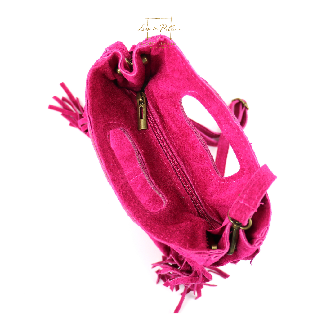 Suede Boho Tassel Crossbody Bag with Adjustable Detachable Straps - Lussoinpelle fuchsia Crossbody bags