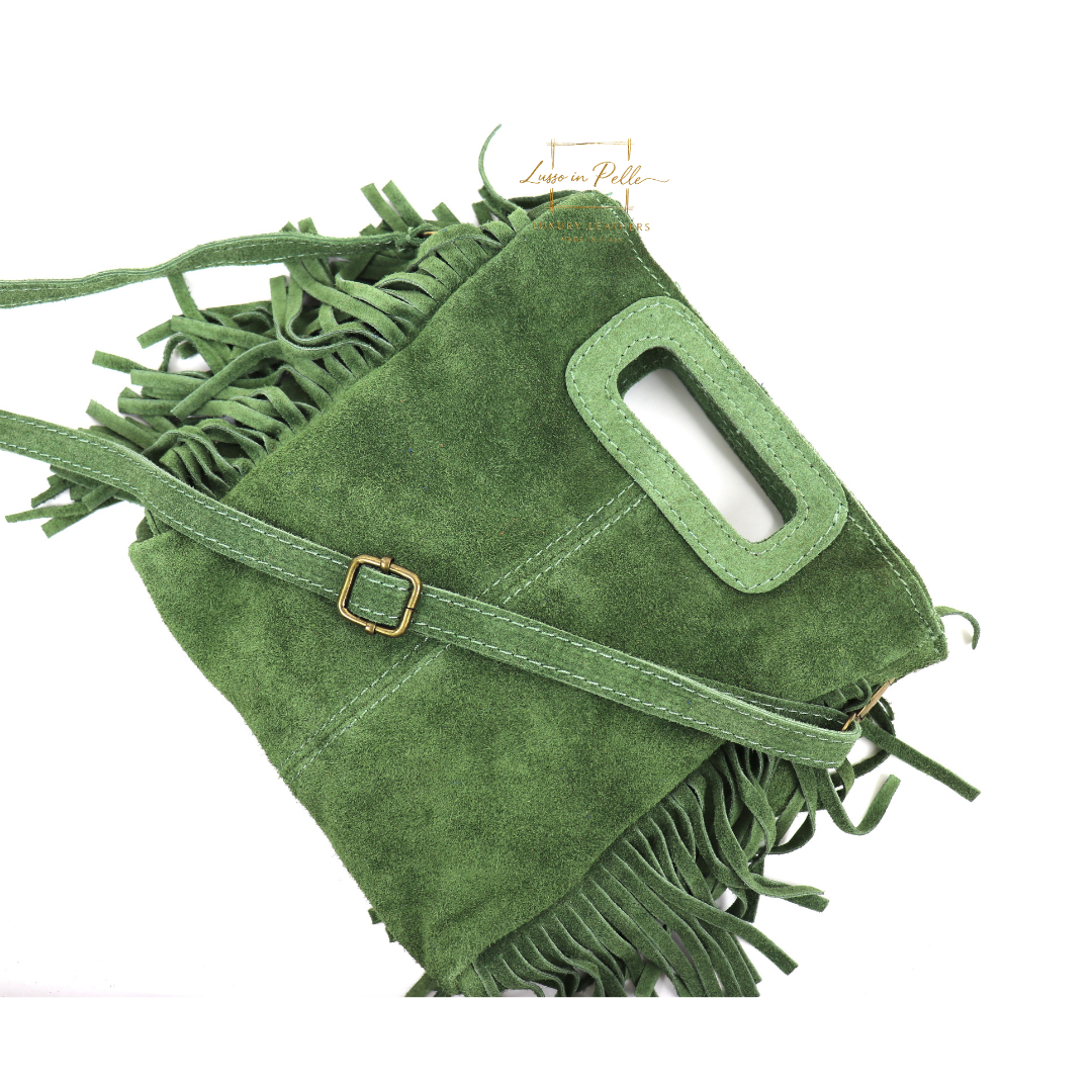 Suede Boho Tassel Crossbody Bag with Adjustable Detachable Straps - Lussoinpelle Olive Crossbody bags