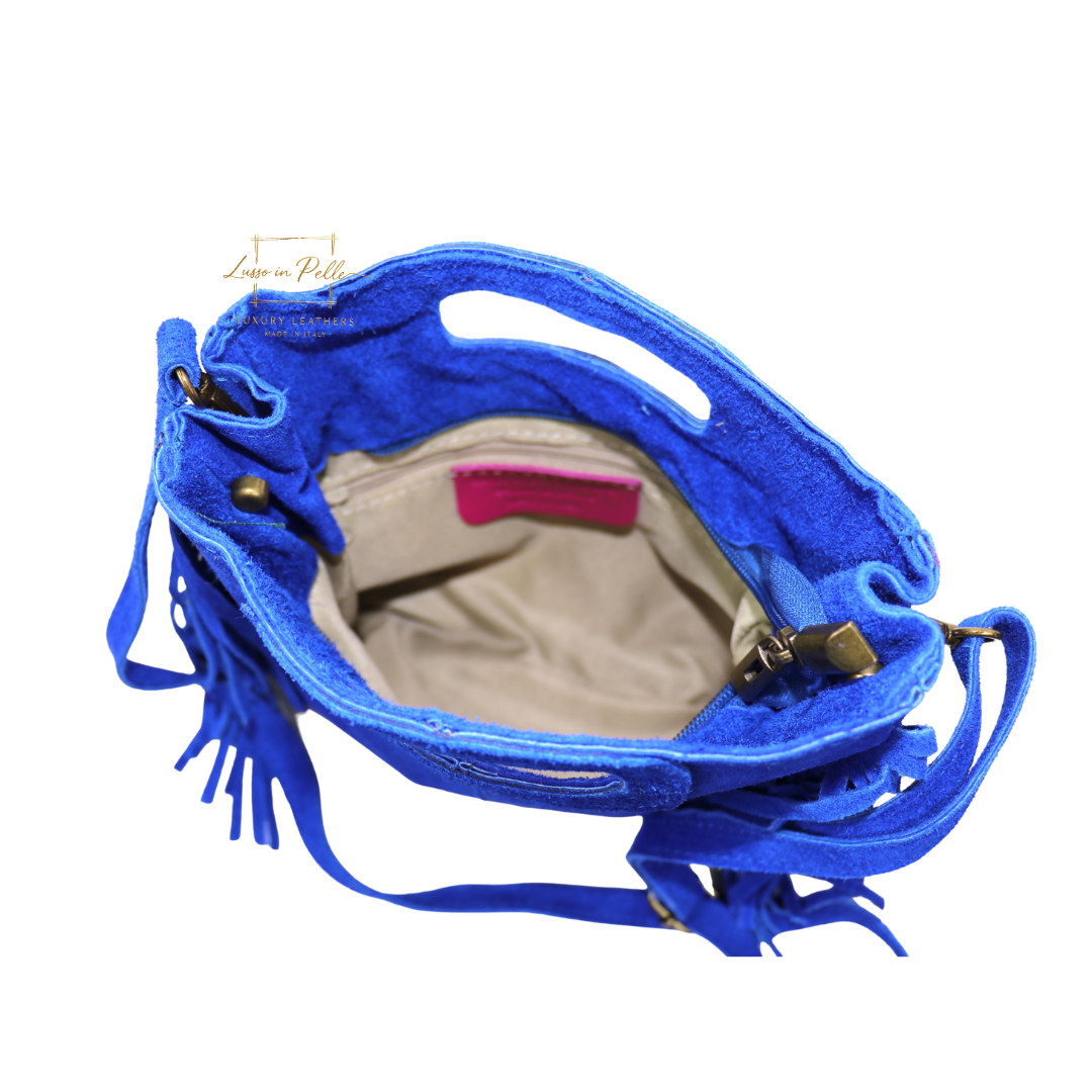 Suede Boho Tassel Crossbody Bag with Adjustable Detachable Straps - Lussoinpelle Royal blue Crossbody bags