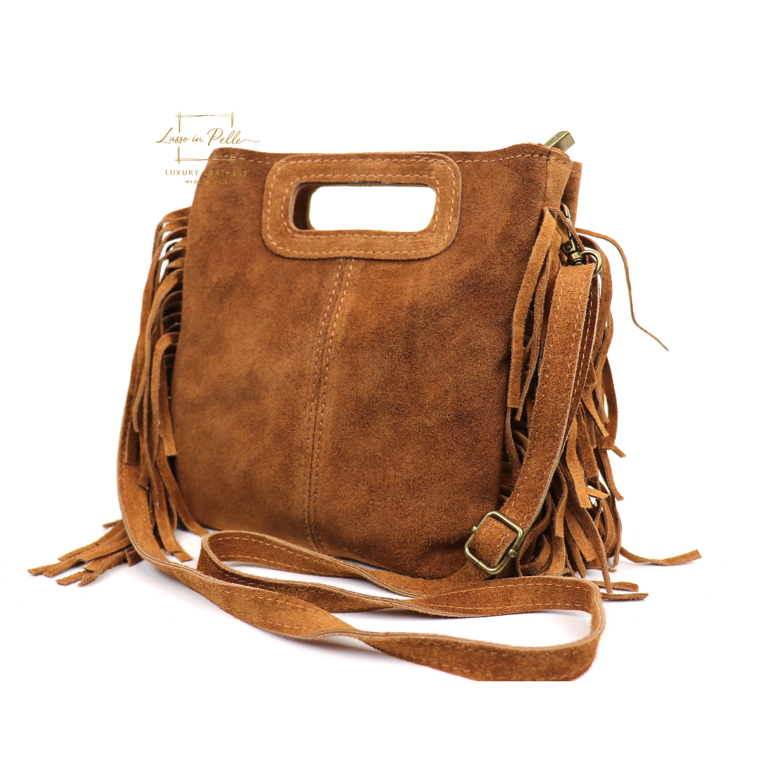 Suede Boho Tassel Crossbody Bag with Adjustable Detachable Straps - Lussoinpelle tan  Crossbody bags
