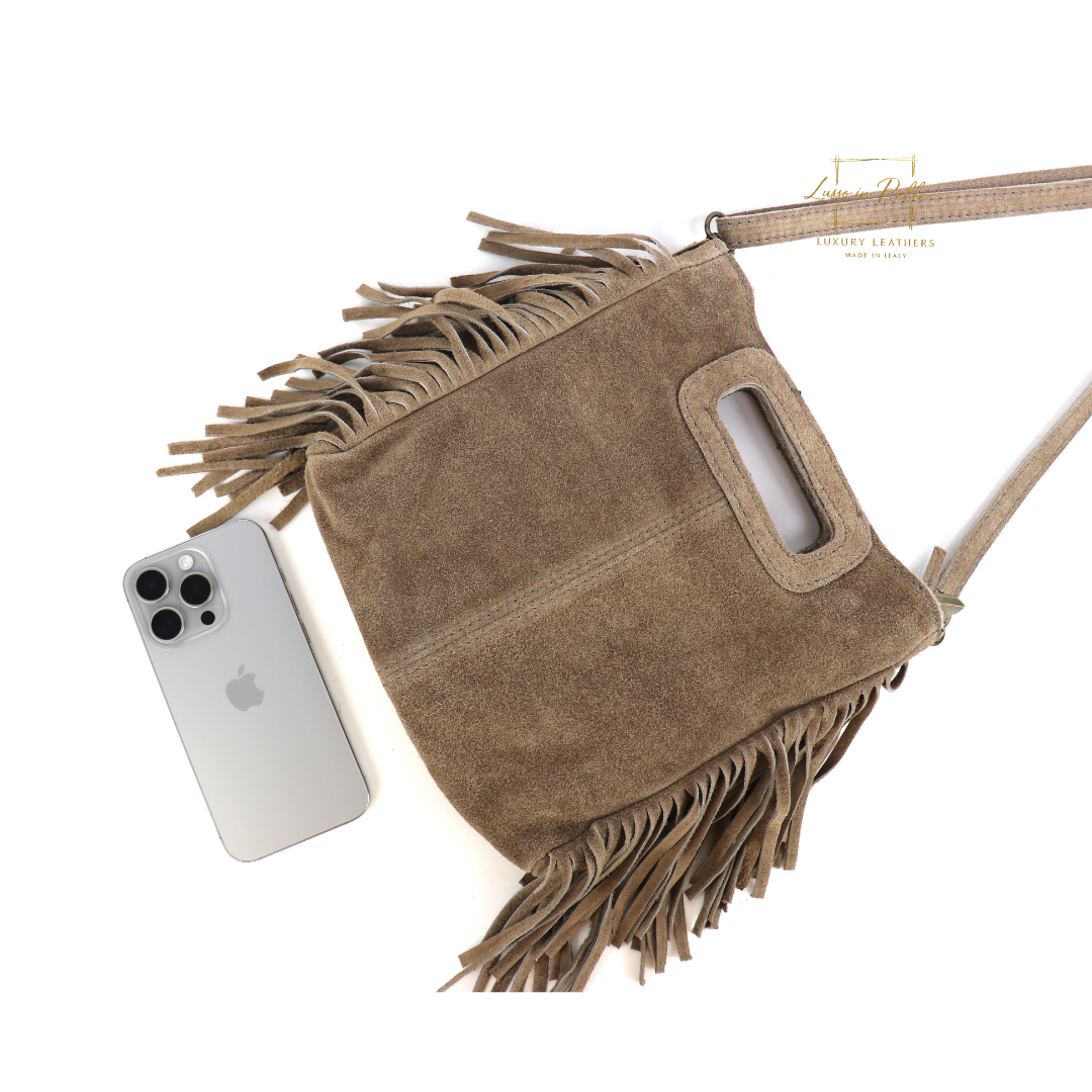 Suede Boho Tassel Crossbody Bag with Adjustable Detachable Straps - Lussoinpelle taupe Crossbody bags