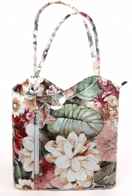 Flower Print Italian Leather Convertible Shoulder Bag & Backpack