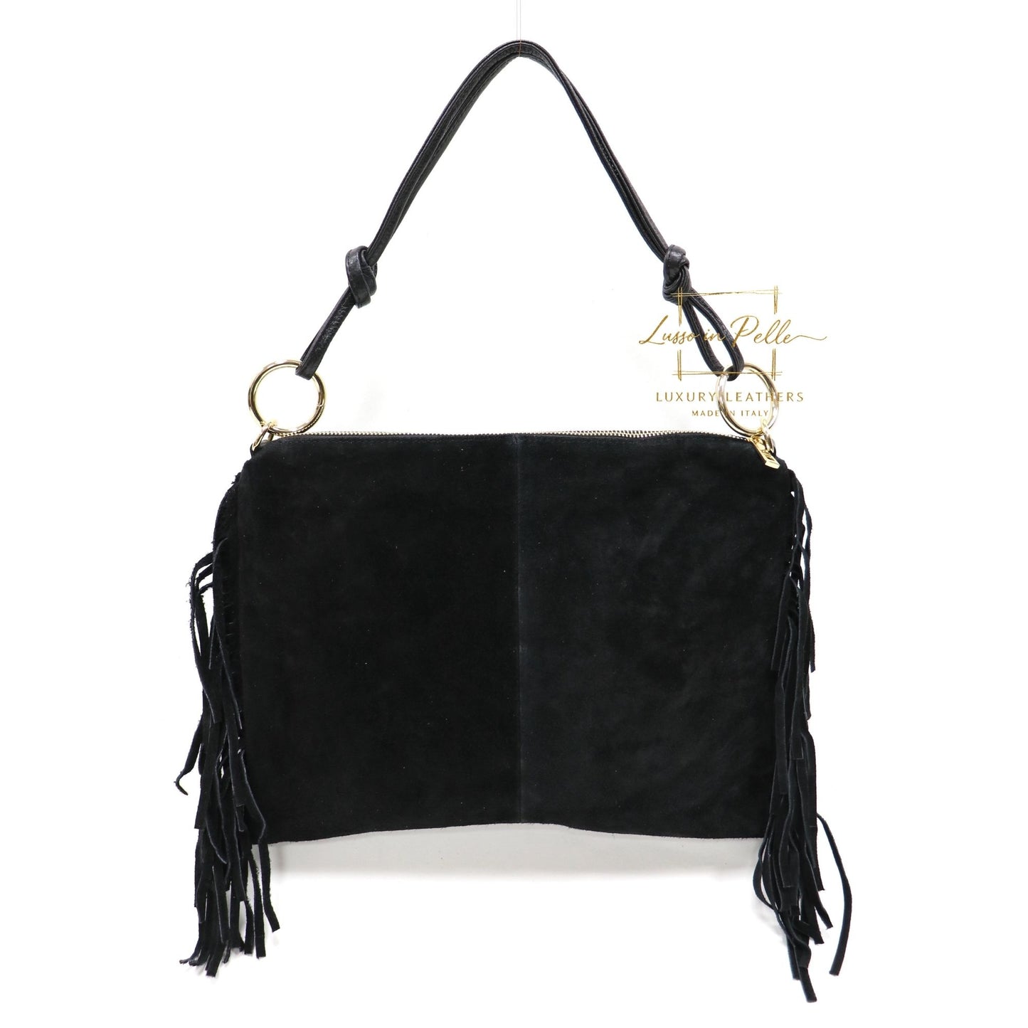 Medium Italian Suede Fringe Bag with Shoulder and Crossbody Straps: Handmade Genuine Cowhide Suede Flat Purse