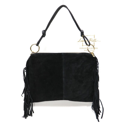 Medium Italian Suede Fringe Bag with Shoulder and Crossbody Straps: Handmade Genuine Cowhide Suede Flat Purse