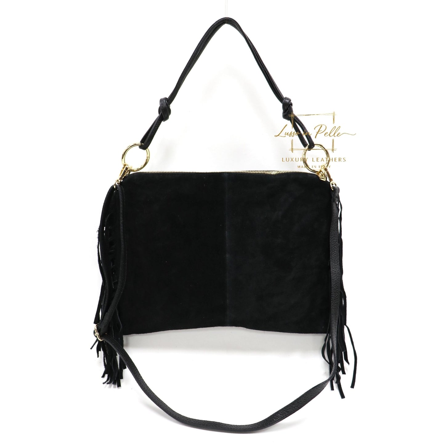 Medium Italian Suede Fringe Bag with Shoulder and Crossbody Straps: Handmade Genuine Cowhide Suede Flat Purse