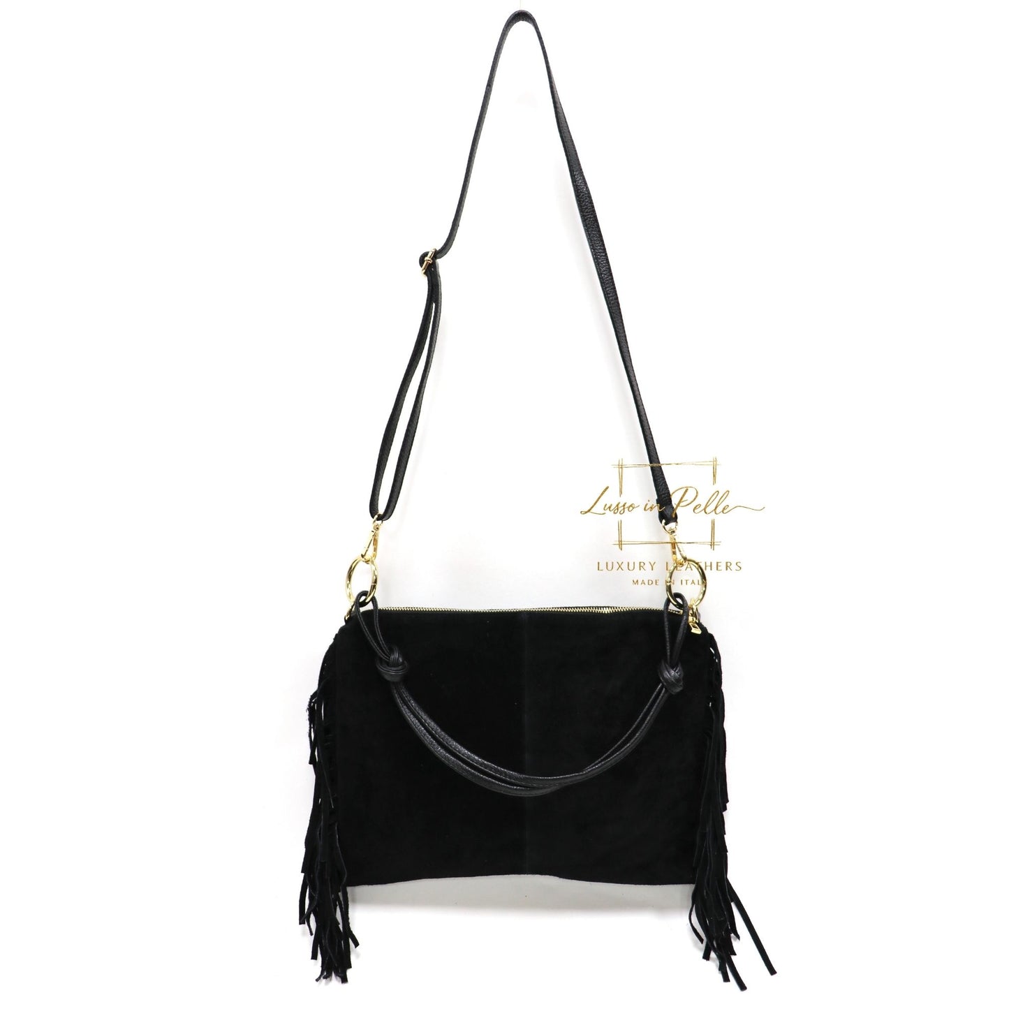Medium Italian Suede Fringe Bag with Shoulder and Crossbody Straps: Handmade Genuine Cowhide Suede Flat Purse