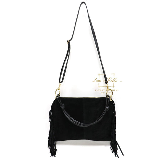 Medium Italian Suede Fringe Bag with Shoulder and Crossbody Straps: Handmade Genuine Cowhide Suede Flat Purse