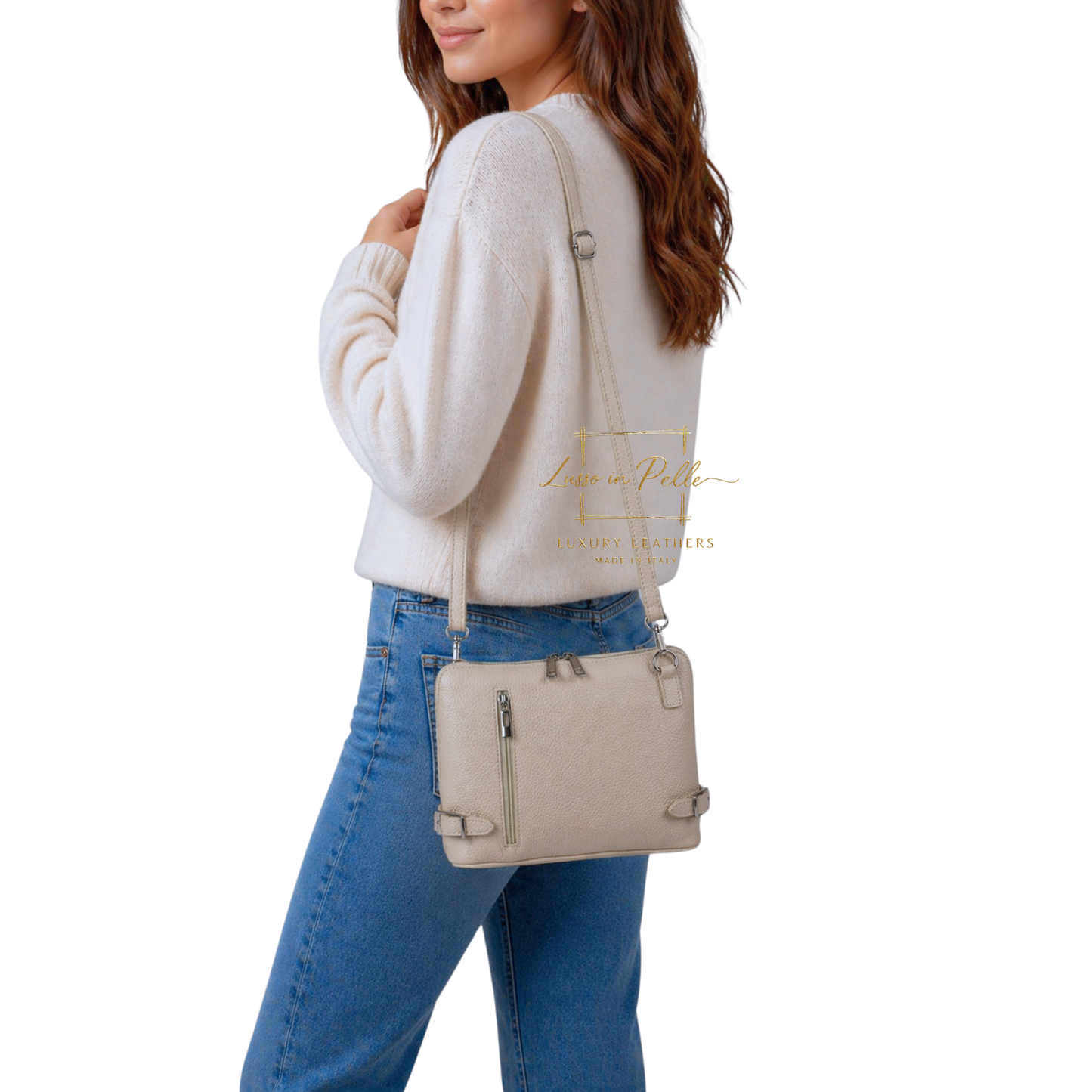 Rectangular Structured Italian Grain Leather Crossbody Bag with Adjustable Straps