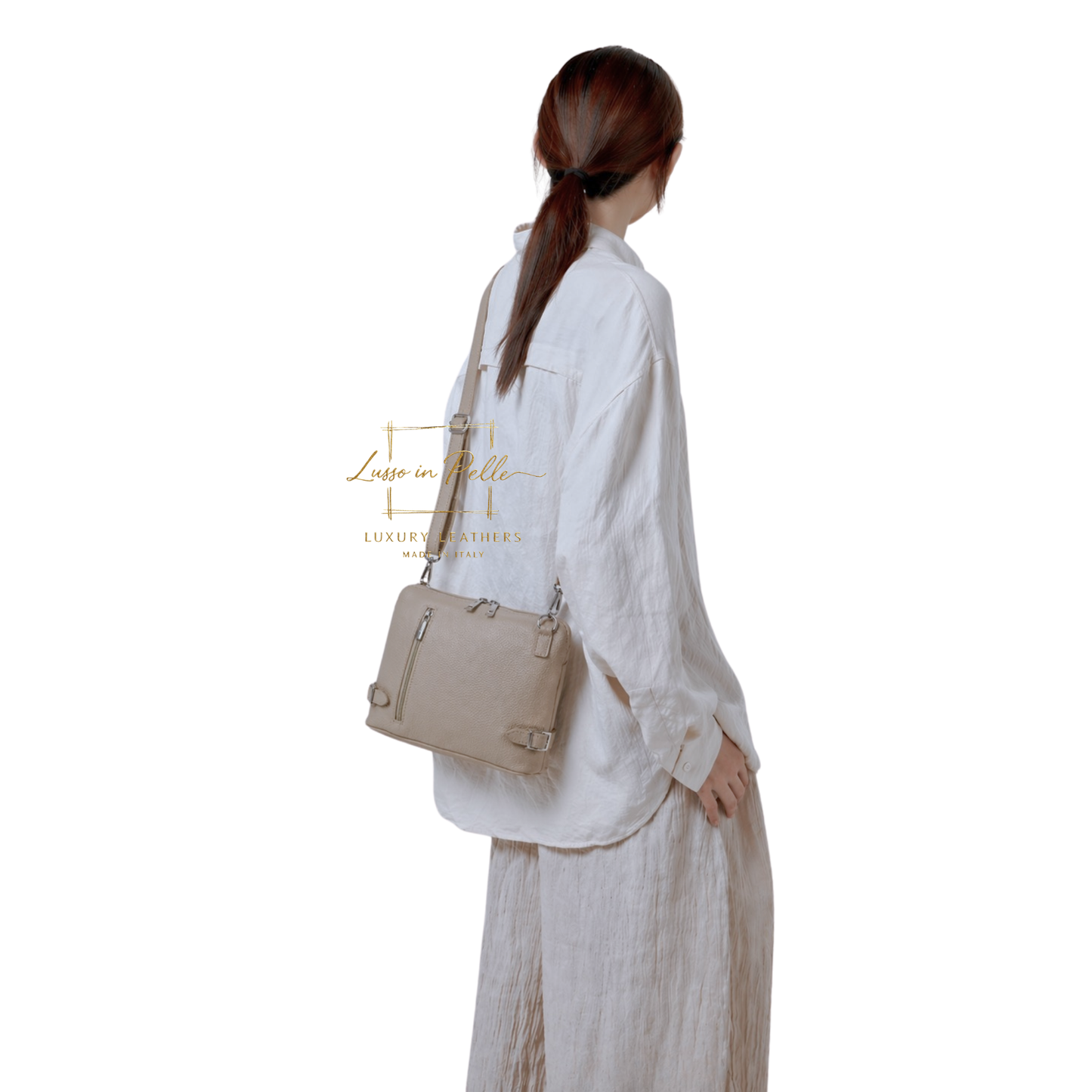 Rectangular Structured Italian Grain Leather Crossbody Bag with Adjustable Straps