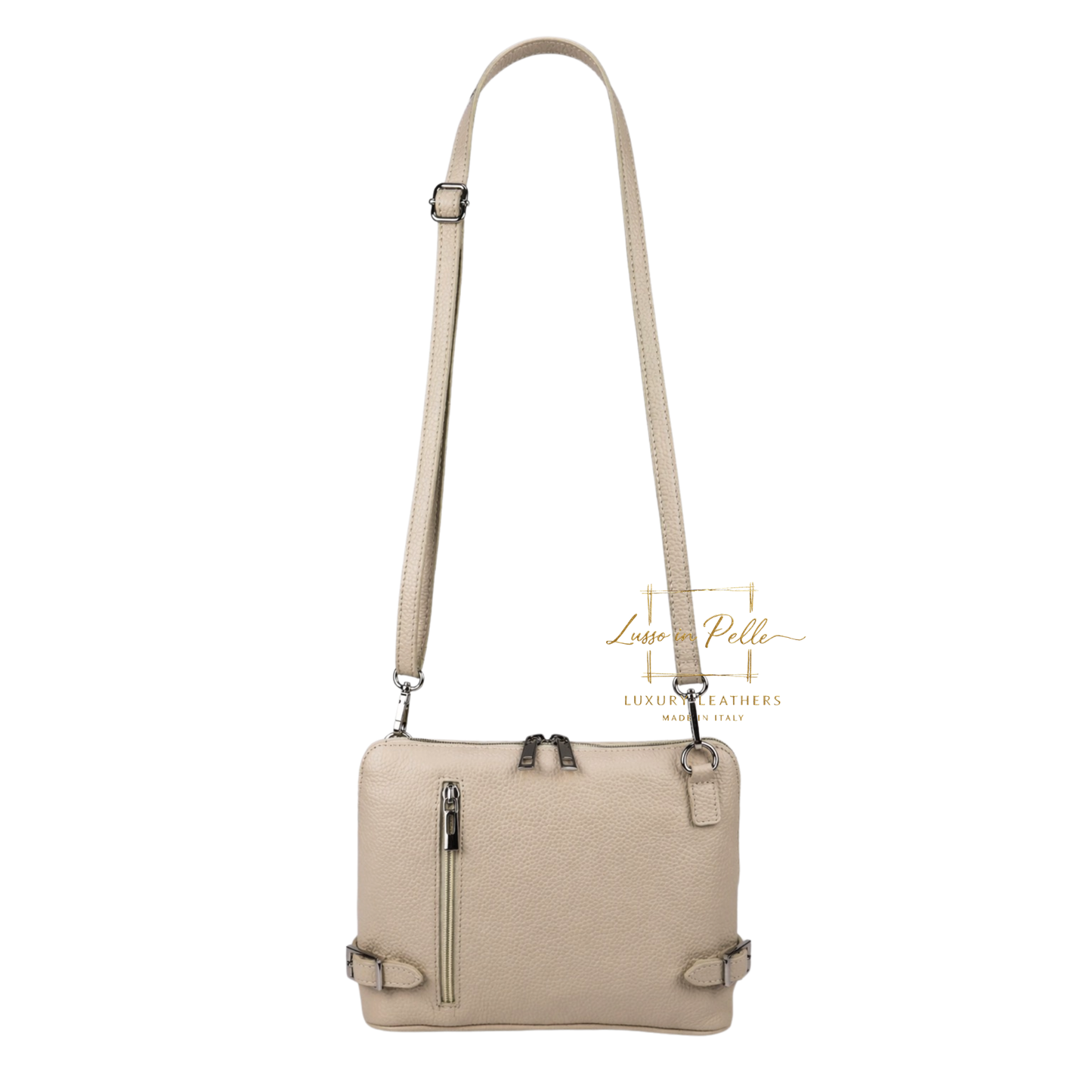 Rectangular Structured Italian Grain Leather Crossbody Bag with Adjustable Straps