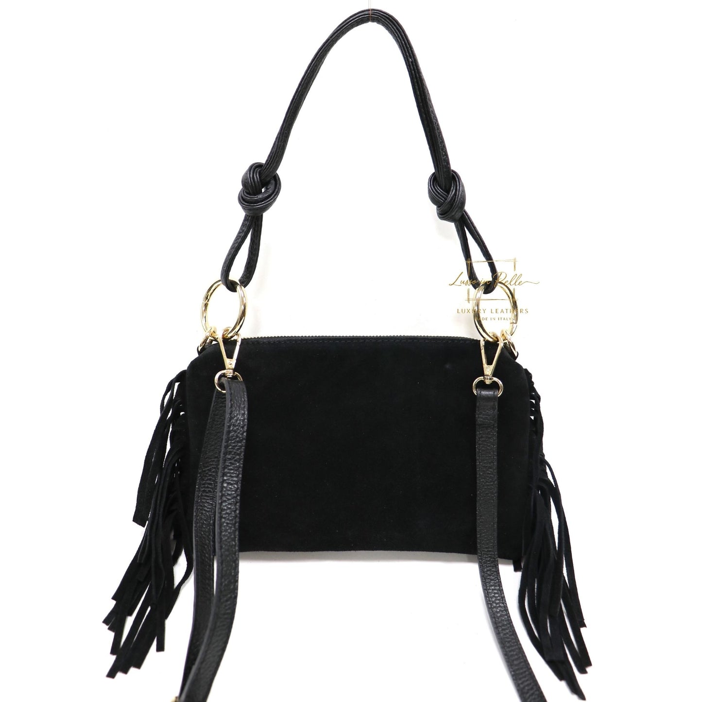 Small Italian Suede Fringe Bag with Shoulder and Crossbody Straps: Handmade Genuine Cowhide Suede Flat Purse