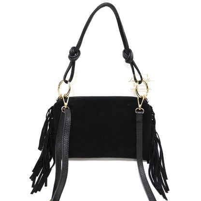 Small Italian Suede Fringe Bag with Shoulder and Crossbody Straps: Handmade Genuine Cowhide Suede Flat Purse