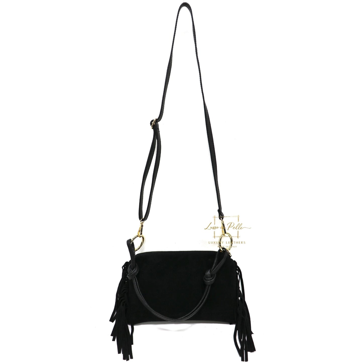 Small Italian Suede Fringe Bag with Shoulder and Crossbody Straps: Handmade Genuine Cowhide Suede Flat Purse