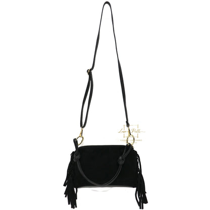 Small Italian Suede Fringe Bag with Shoulder and Crossbody Straps: Handmade Genuine Cowhide Suede Flat Purse