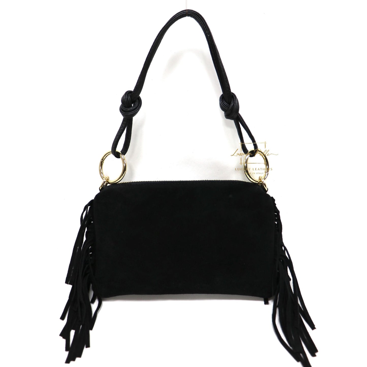 Small Italian Suede Fringe Bag with Shoulder and Crossbody Straps: Handmade Genuine Cowhide Suede Flat Purse