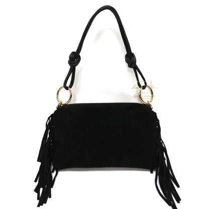 Small Italian Suede Fringe Bag with Shoulder and Crossbody Straps: Handmade Genuine Cowhide Suede Flat Purse