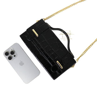 Croc-Embossed Leather Top Handle Bag with Gold Chain Strap
