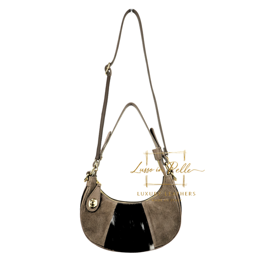 Small Half Moon Genuine Grain Leather Bag with Suede Front & Pony Hair Detail